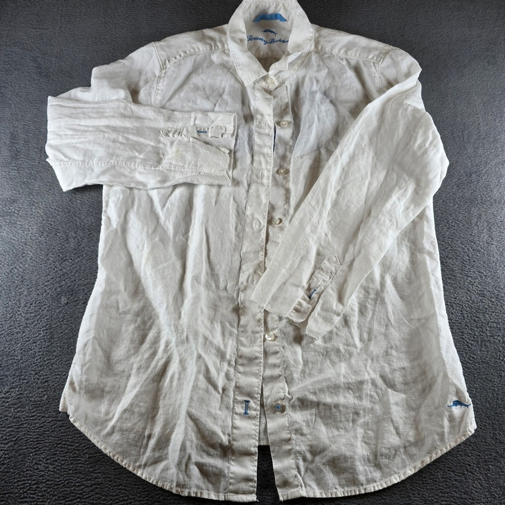 Tommy Bahama Waikiki White Linen Button Up Shirt Womens Small Blue Graphic